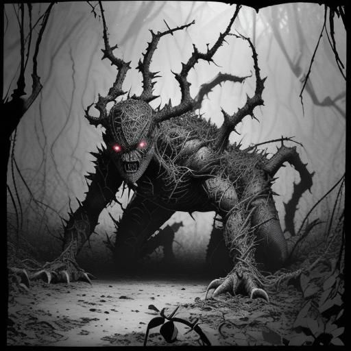 Malevolent Creature in Thorny Forest, Cross-Hatching Style