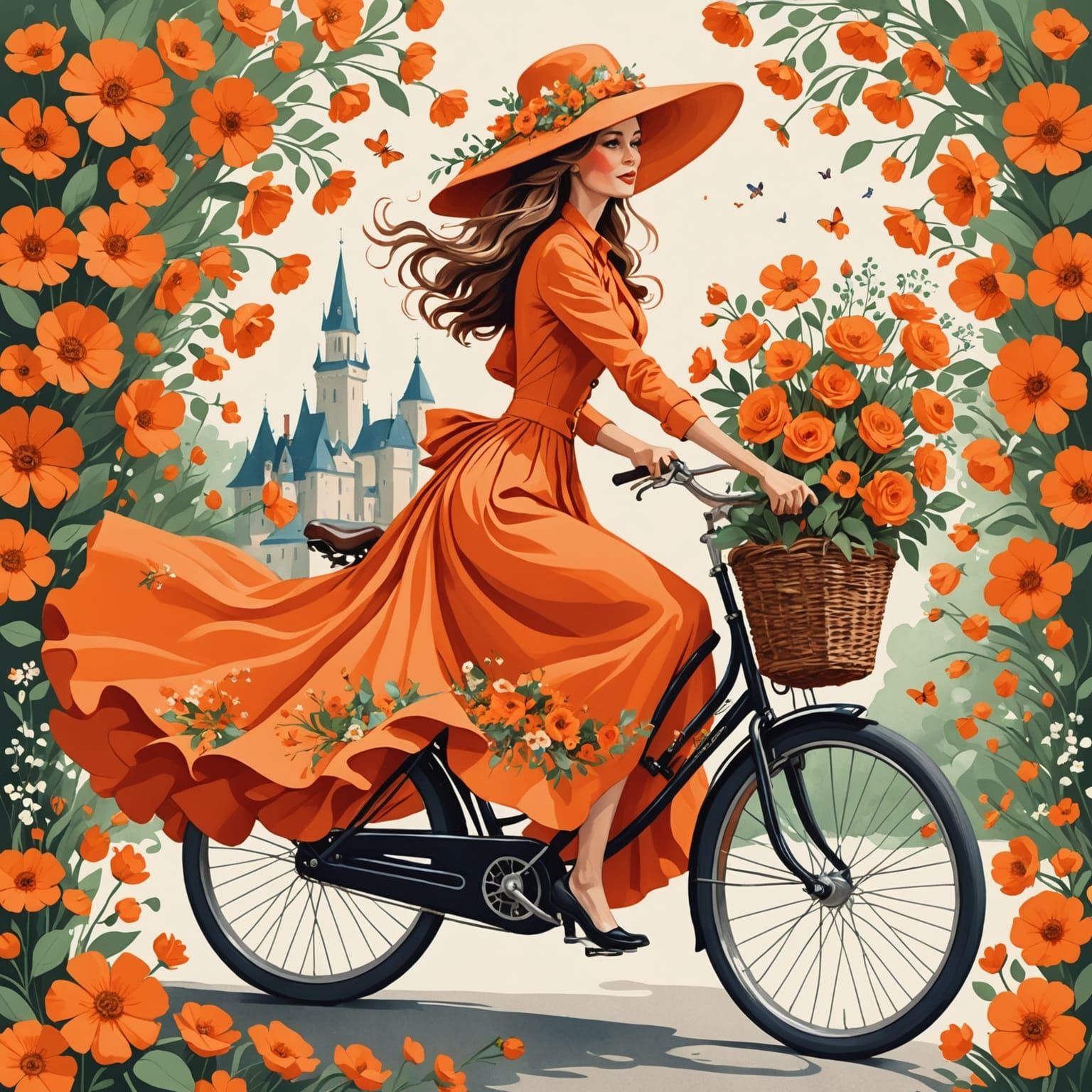 Woman on Floral Bicycle in Surrealist Style