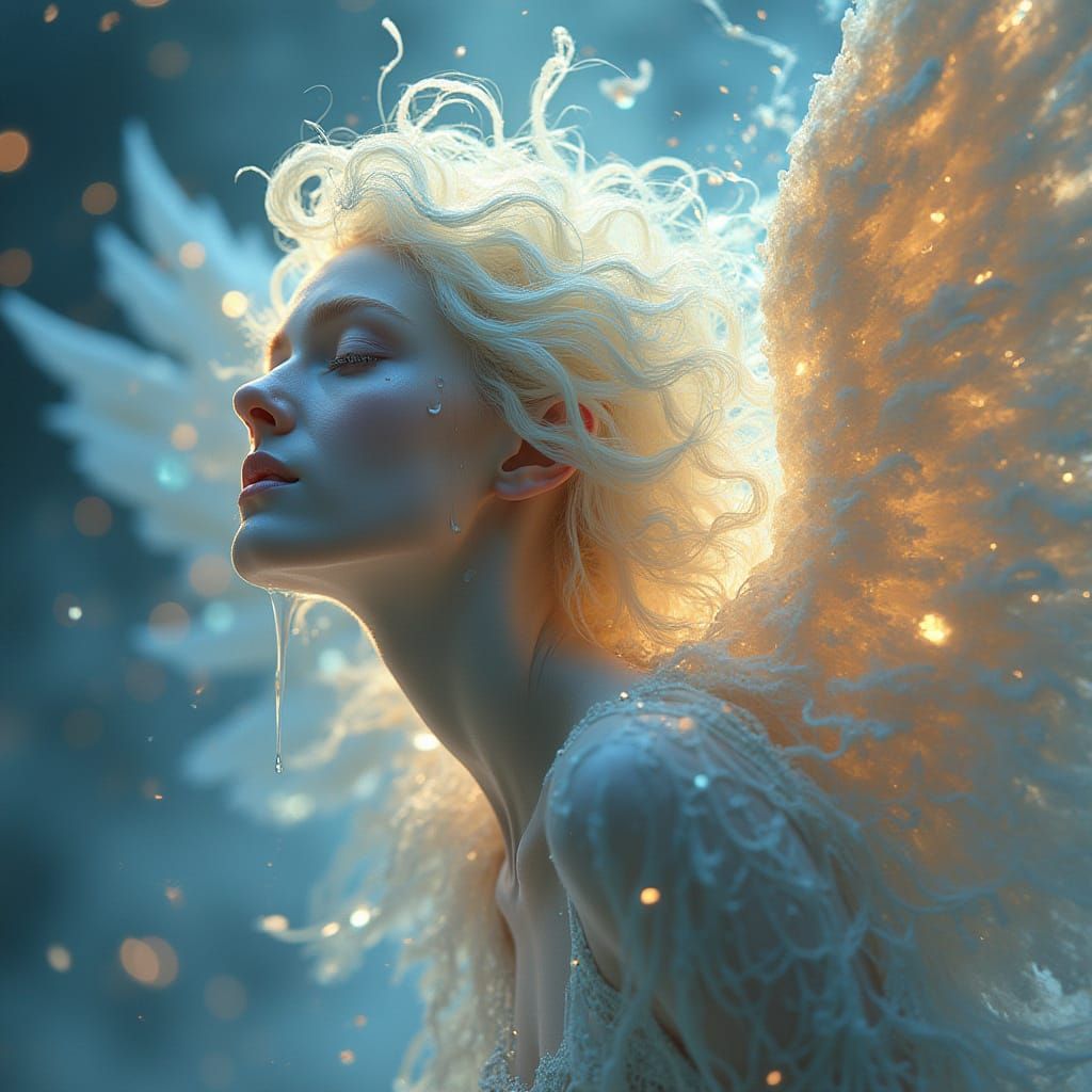 A majestic celestial Seraphim, radiant and ethereal, soars through the heavens, tears of pure light streaming down its f...