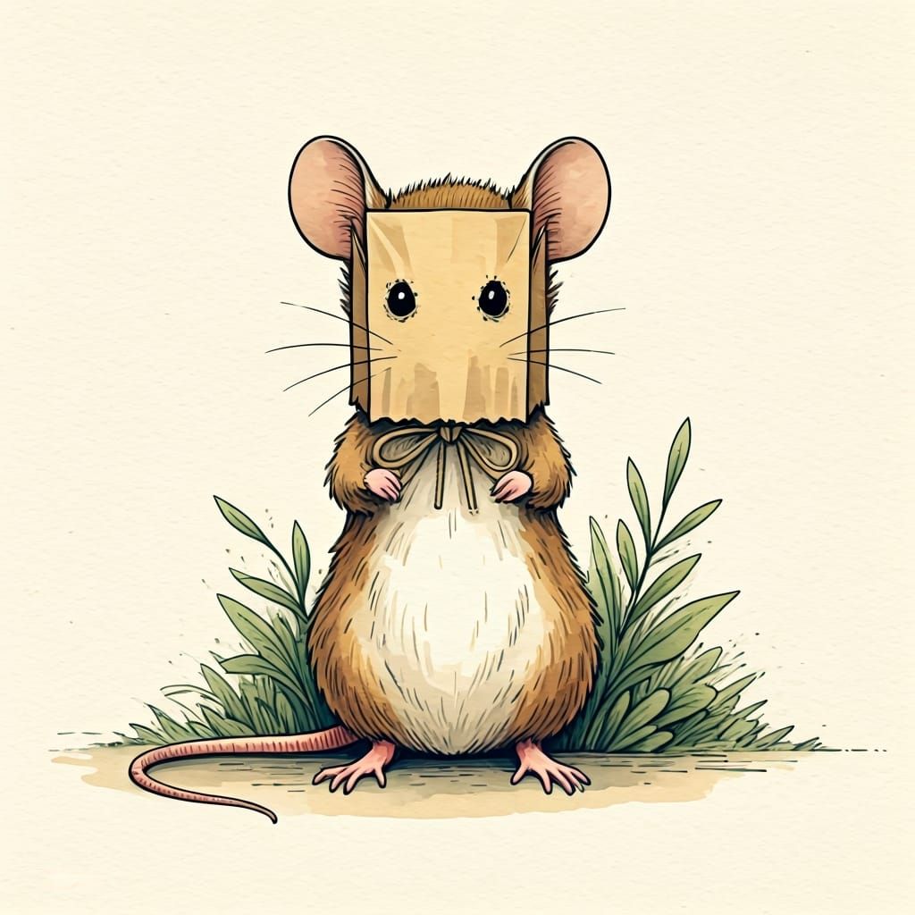 Shy Mouse Hiding: Minimalist Watercolour Illustration