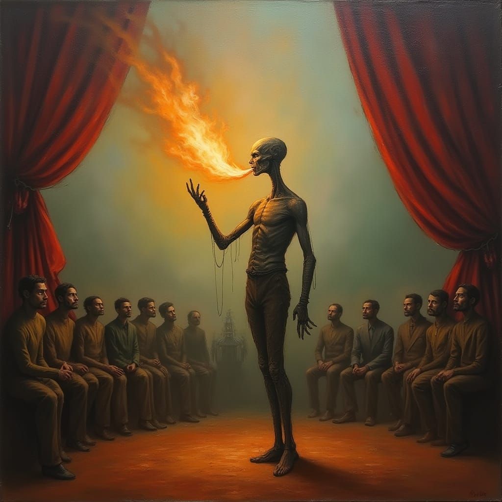 Surreal Fire Breather in Dreamlike Circus Tent Oil Painting