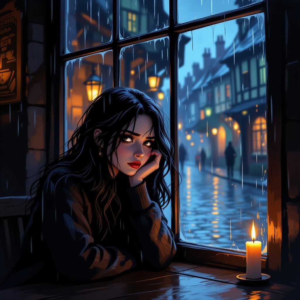 Emo Teen Girl by Tavern Window in Rain