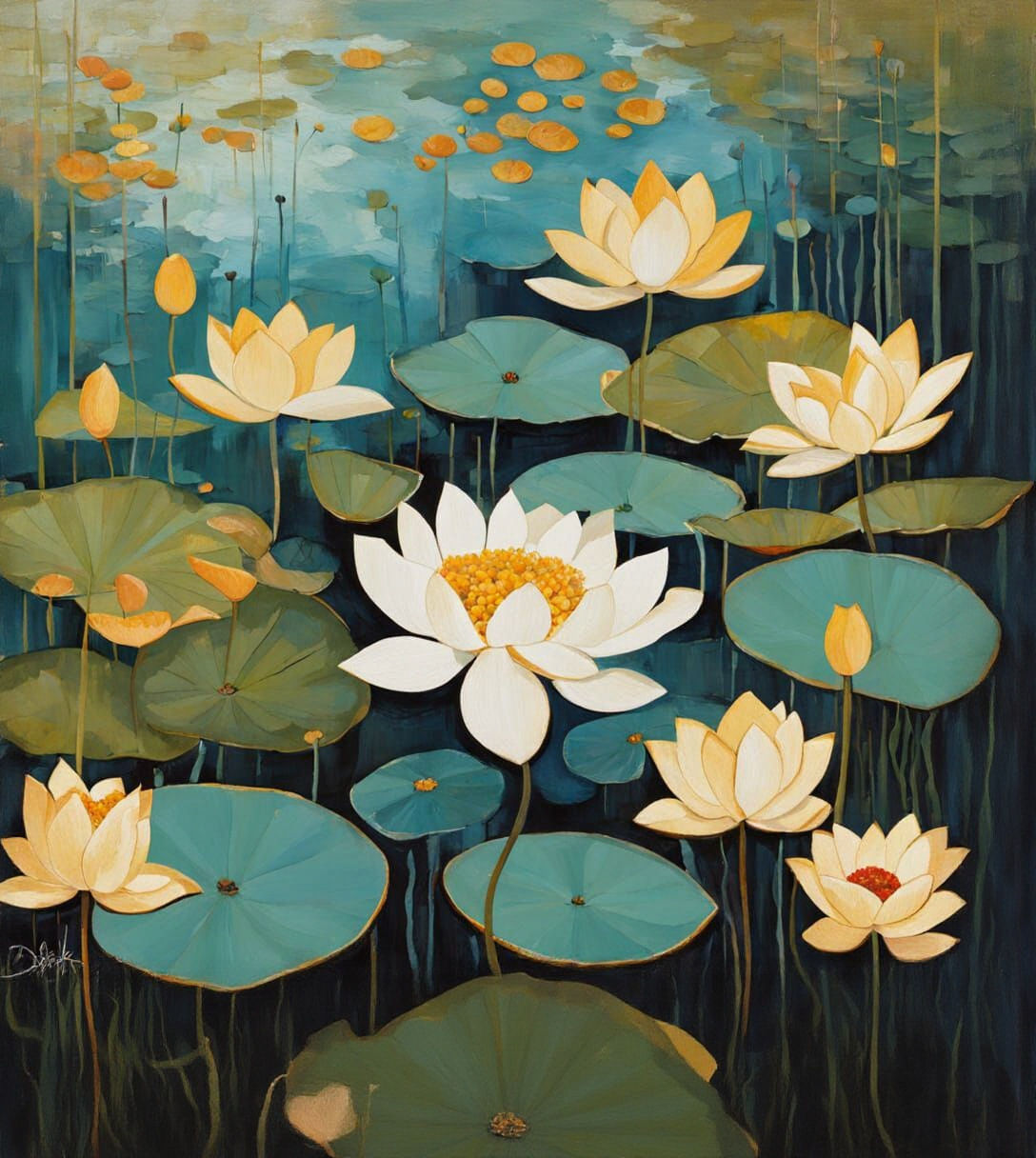 Lotus Pond Impasto Painting with Golden Light