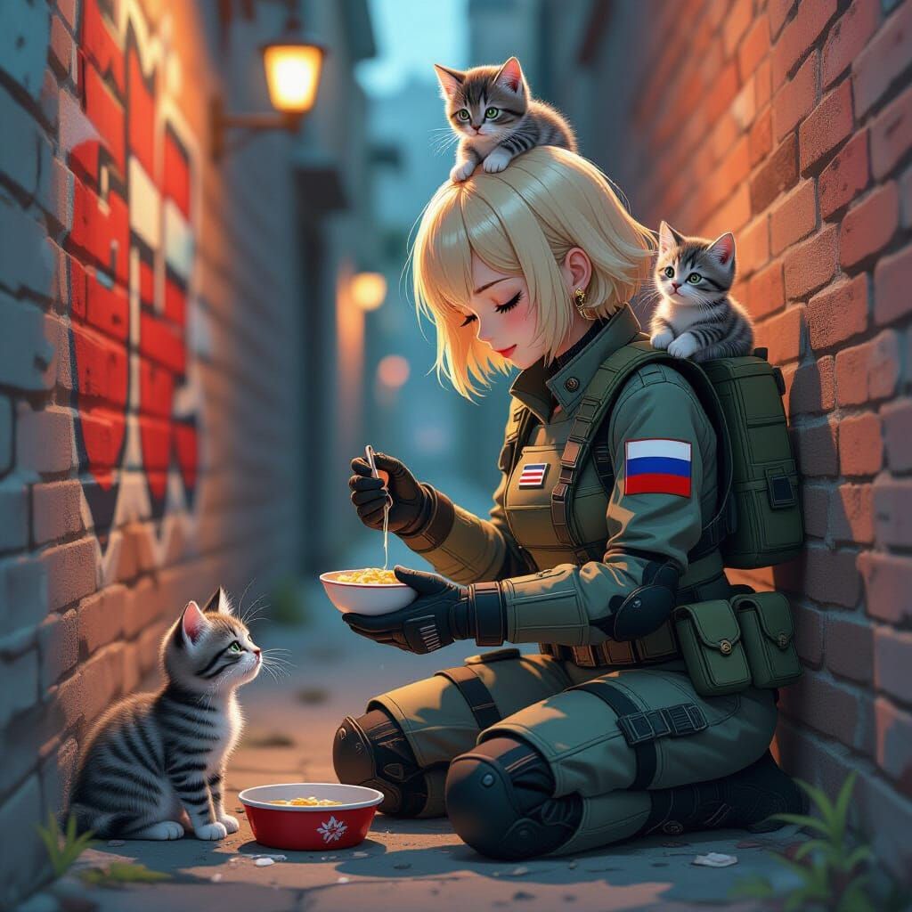 Anime Soldier Feeds Kittens in Graffiti Art Style