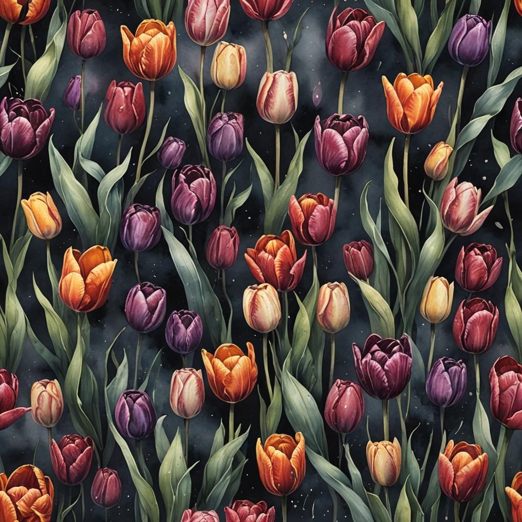 Dark and Moody Watercolor Tulips: Detailed Matte Painting