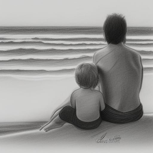 Family Watching Waves: Colourful Pencil Sketch
