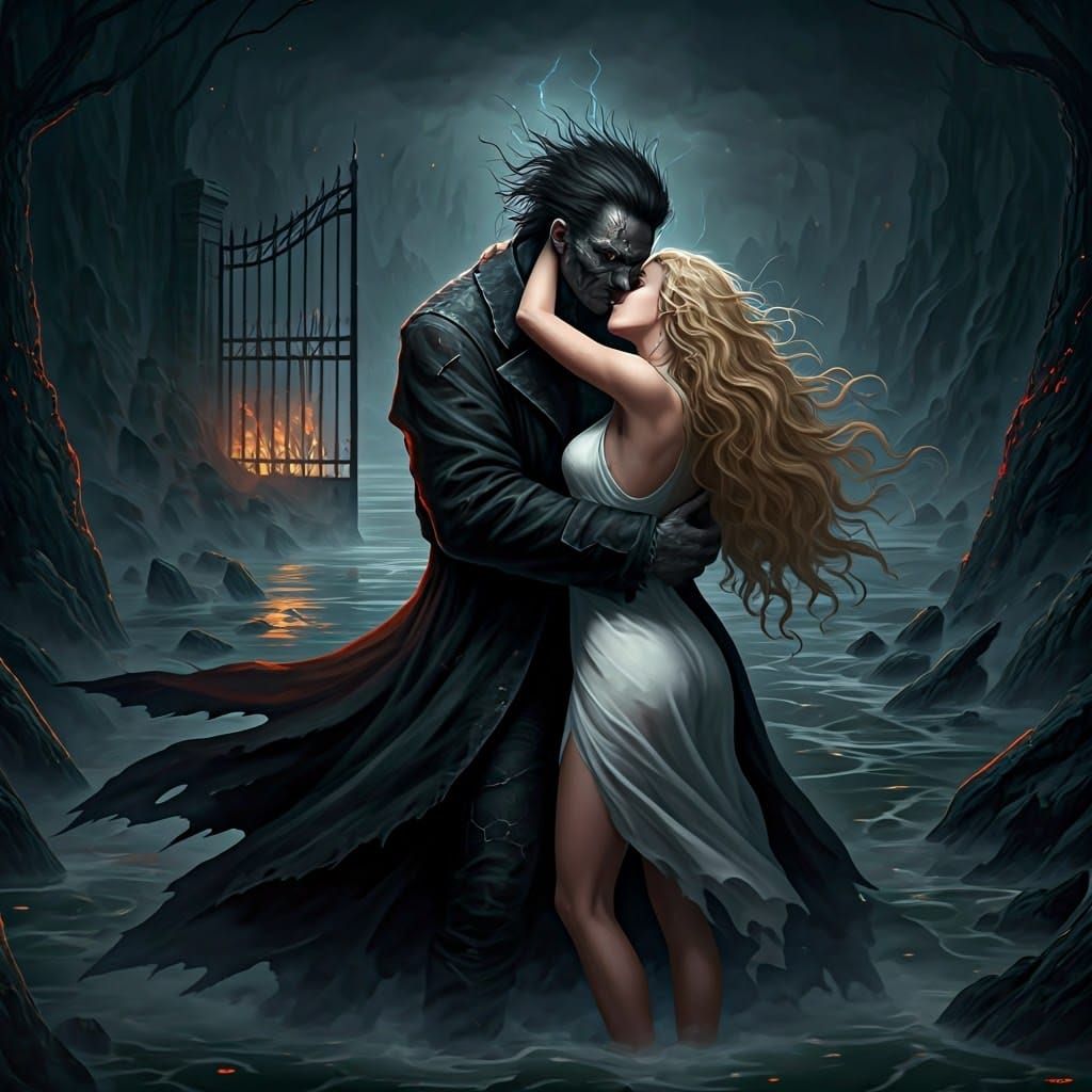 Cyberpunk Dark Hero Embracing Golden Goddess in Eerie Fog