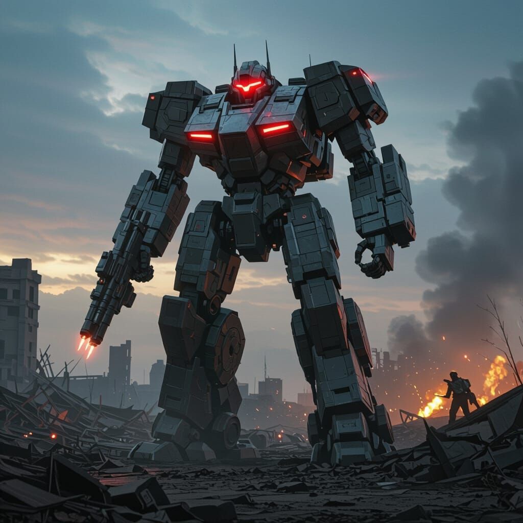 Futuristic Battle Robot on Ruined Battlefield
