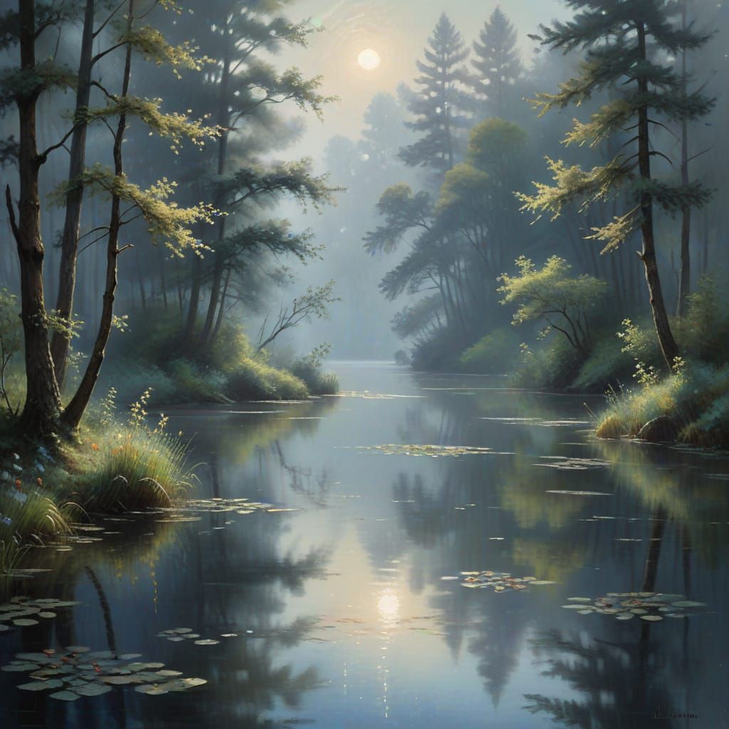 Moonlit Lake Reflects Impressionistic Forest