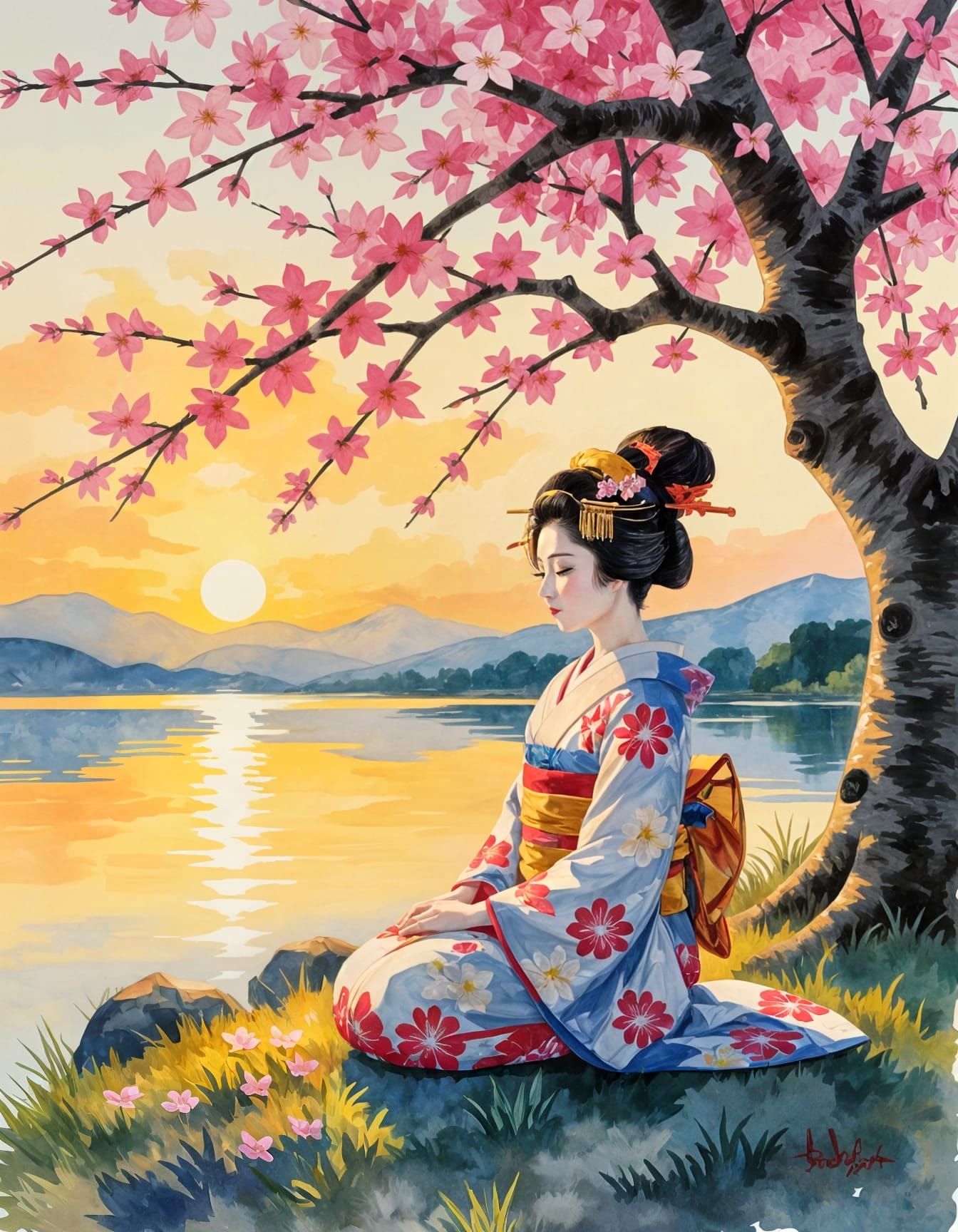 Meditating Geisha Under Blossom Tree at Sunset