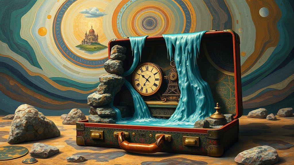 Surrealist Clockwork Dreamscape with Melting Timepiece and T...