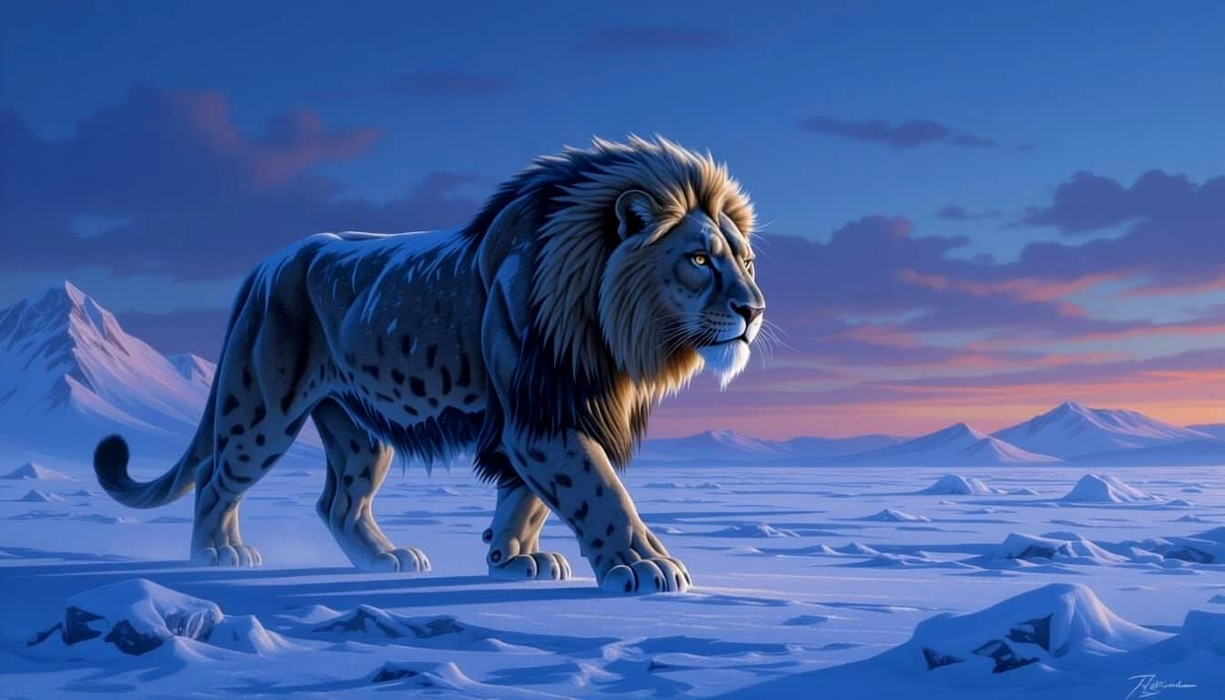 Ice Cave Lion in Moody Tundra Oil Painting