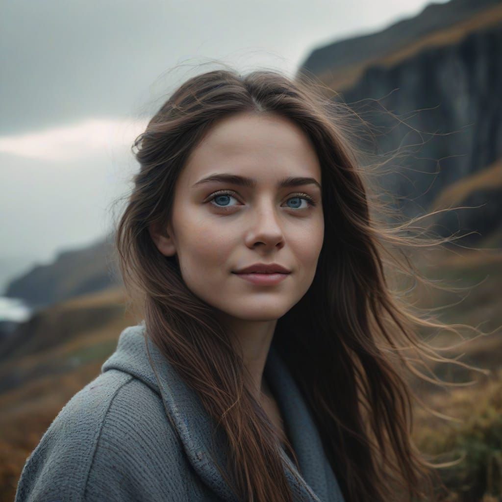 Woman Standing at the Edge of a Cliff on a Moody Autumn Day