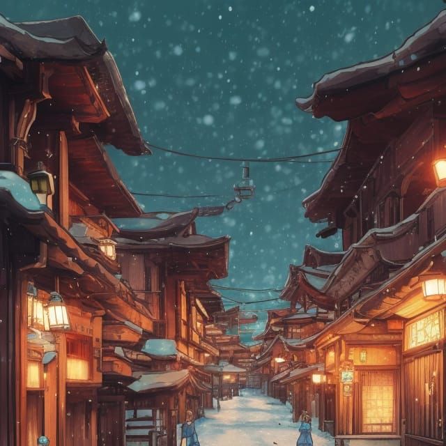 Winter Onsen Town Street: Comic Book Illustration