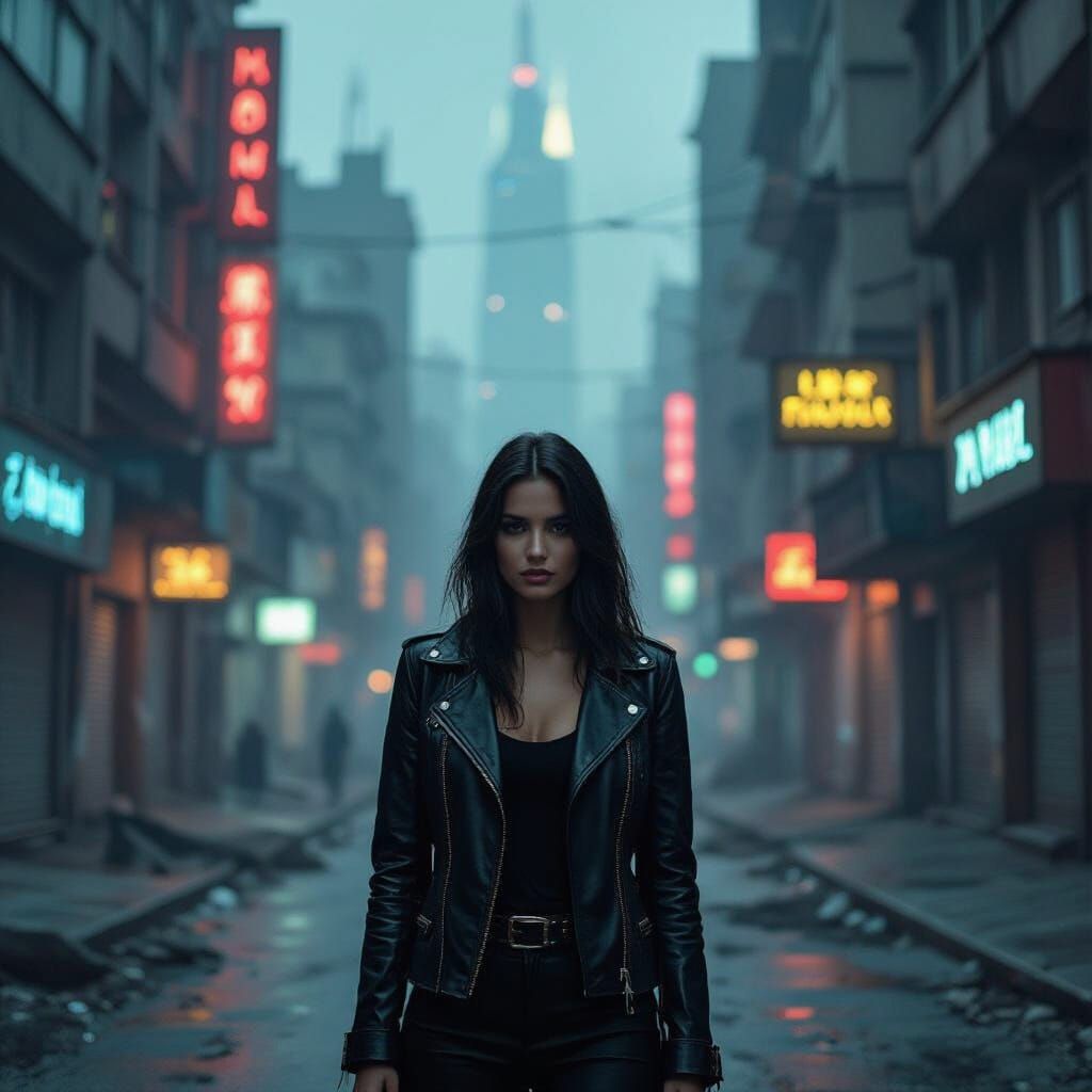 Futuristic Woman in Decaying Street with Gothic Text