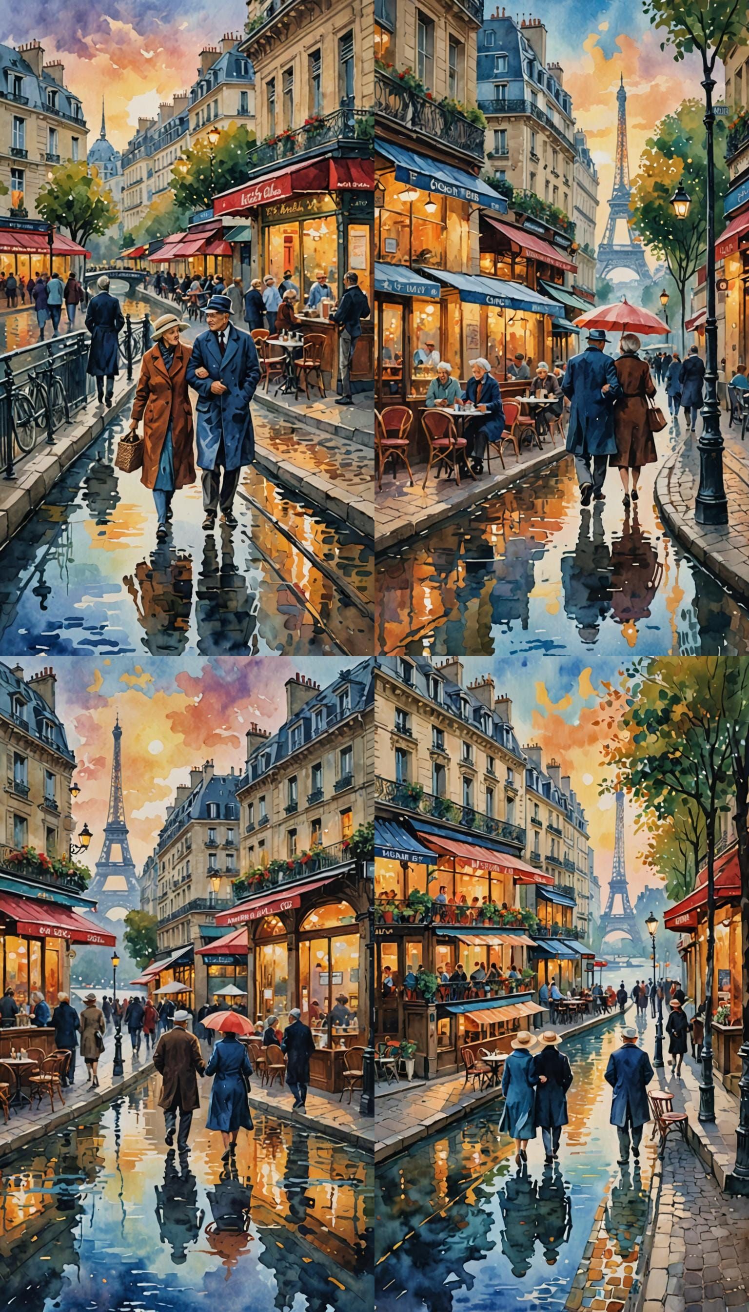 Parisian Cafe at Dusk: Gouache Impressionist Painting