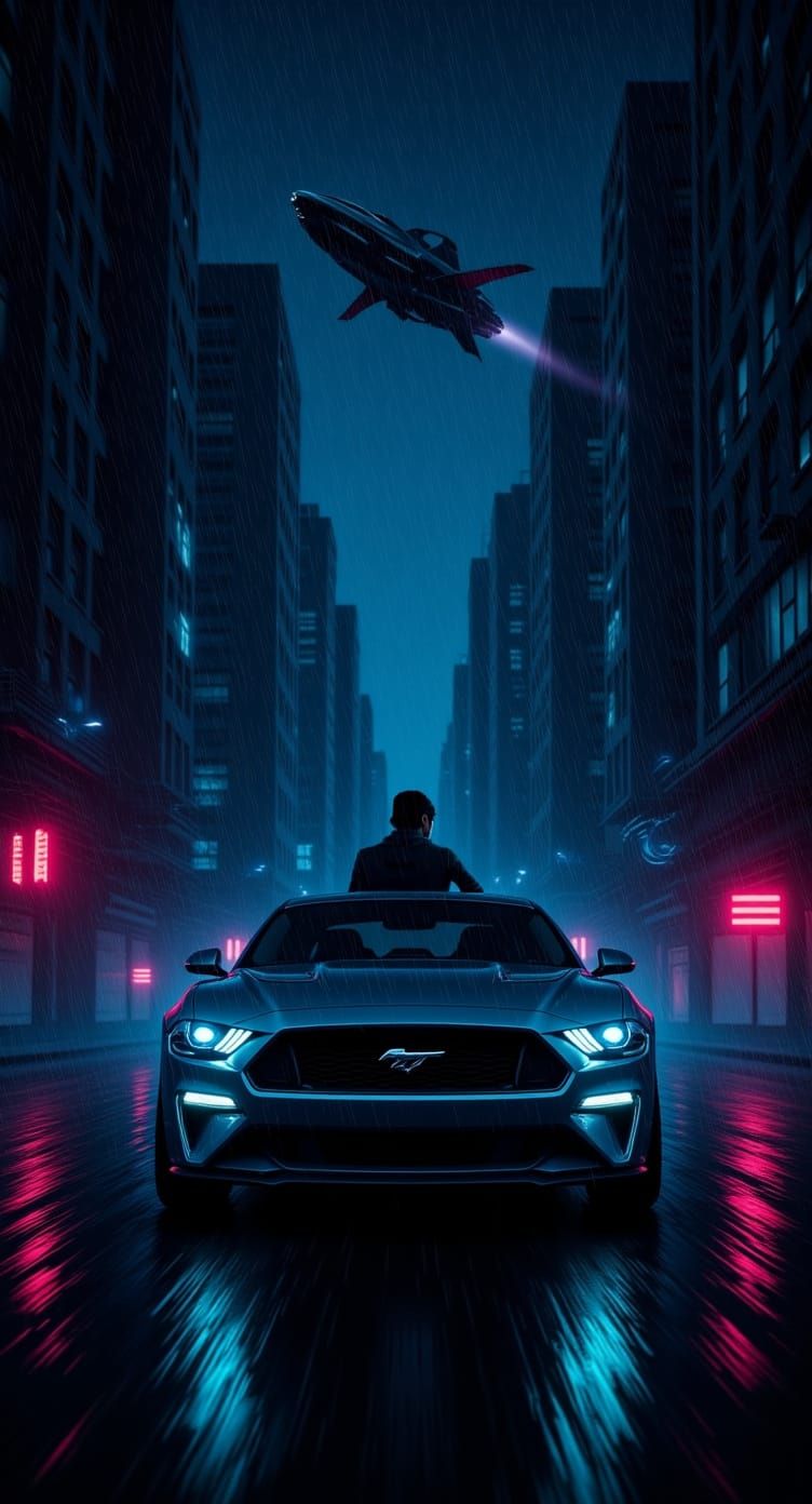 Futuristic Mustang Drives Through Neon Cyberpunk City