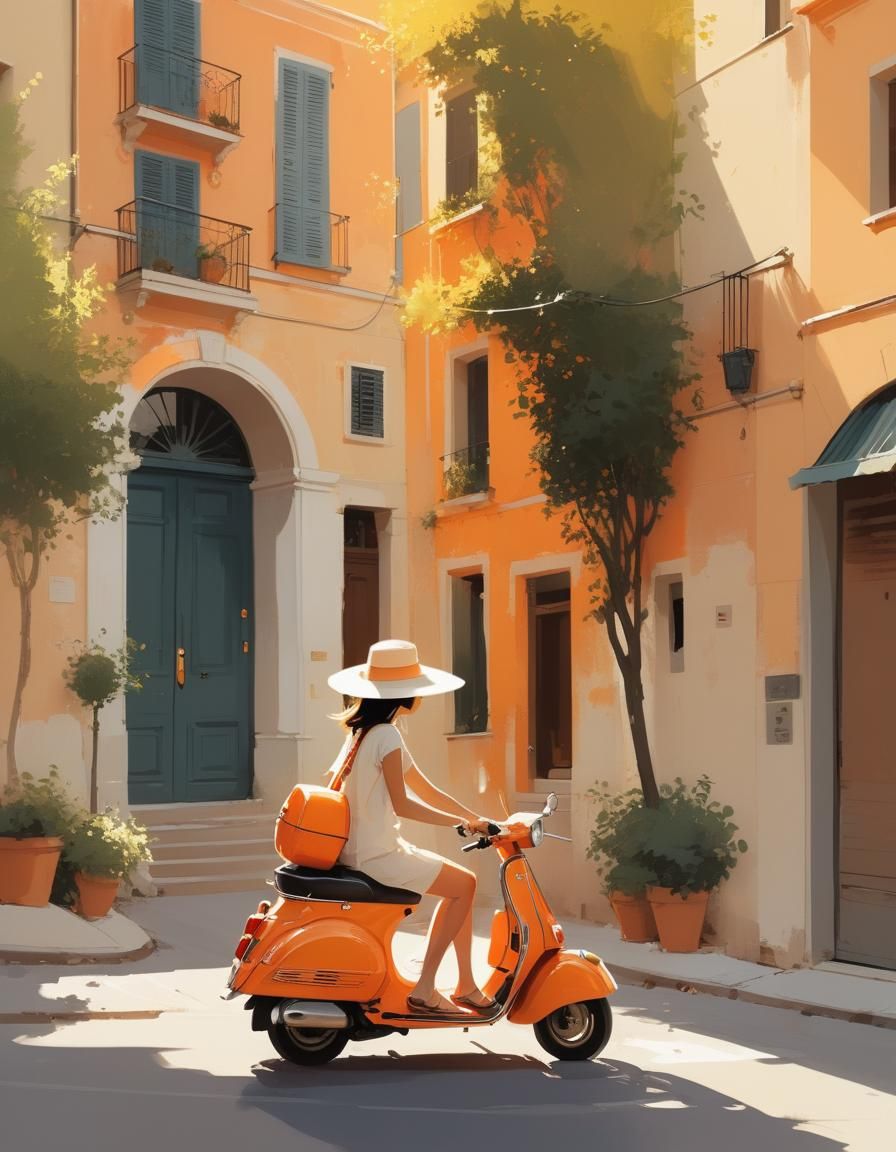 Woman on Orange Vespa in Campion Style