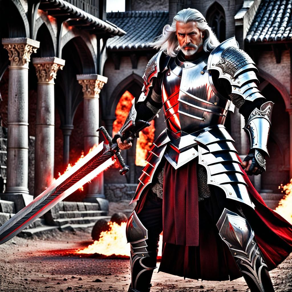 Muscular Knight with Glowing Sword in Training Yard