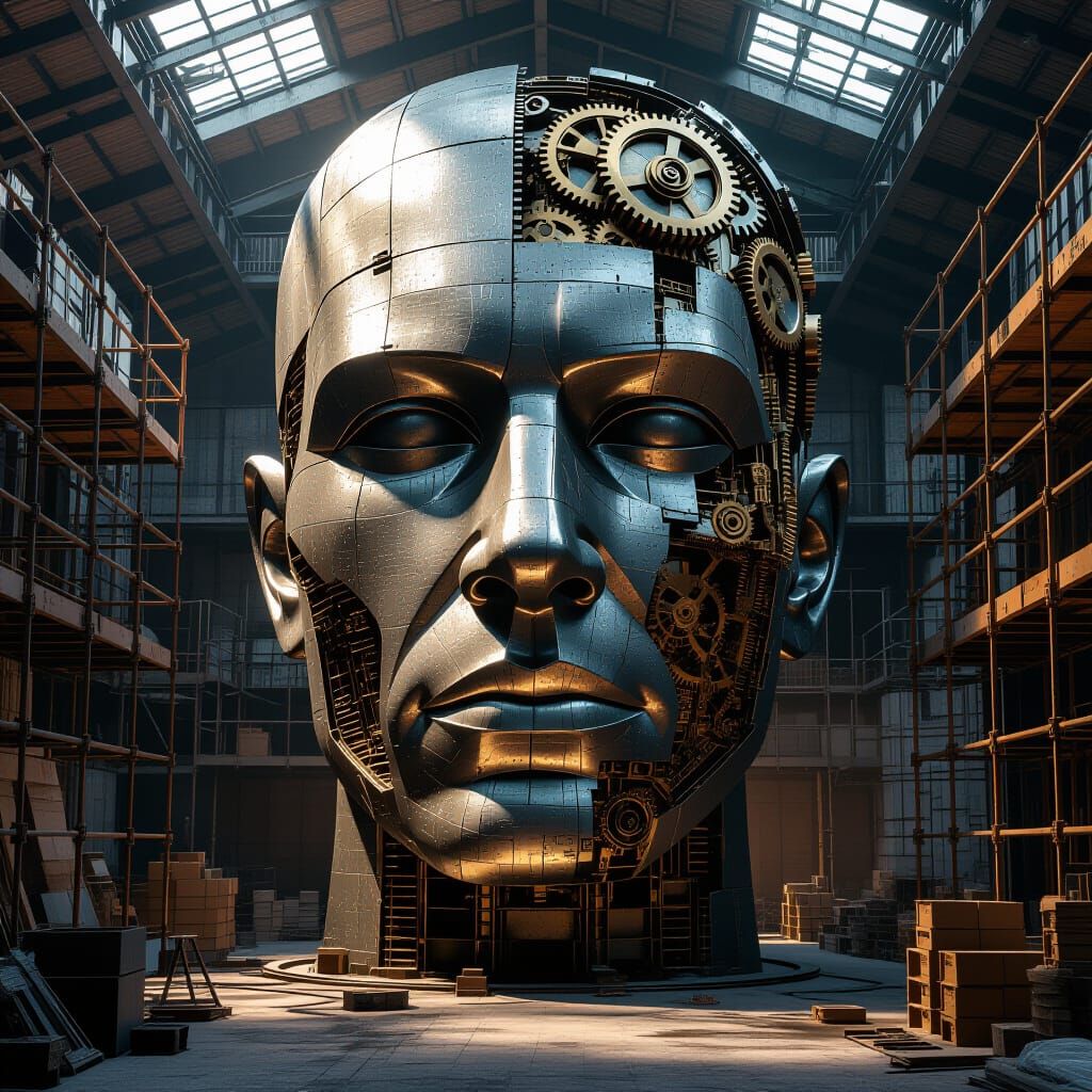 Iron Titan Sculpture Under Construction in Steampunk Worksho...