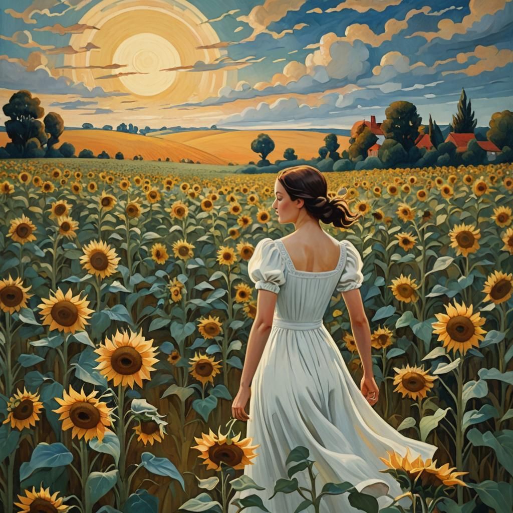 Woman in Sunflower Field: Naive Art Style
