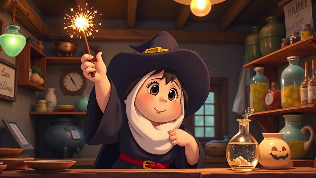Chubby Witch Casts Kaleidoscopic Spell in Enchanted Cafe