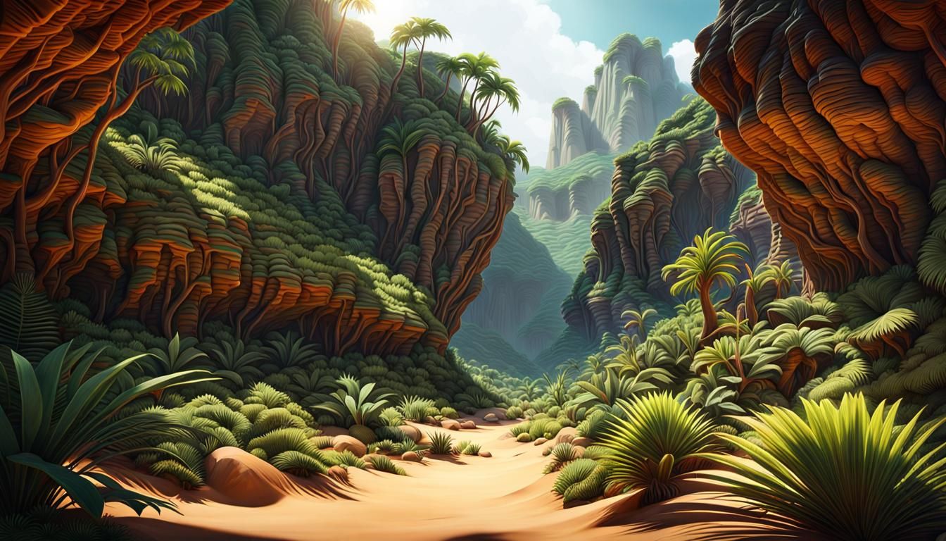 Tropical Forest Oasis in Desert Canyon: Hyperrealistic Art