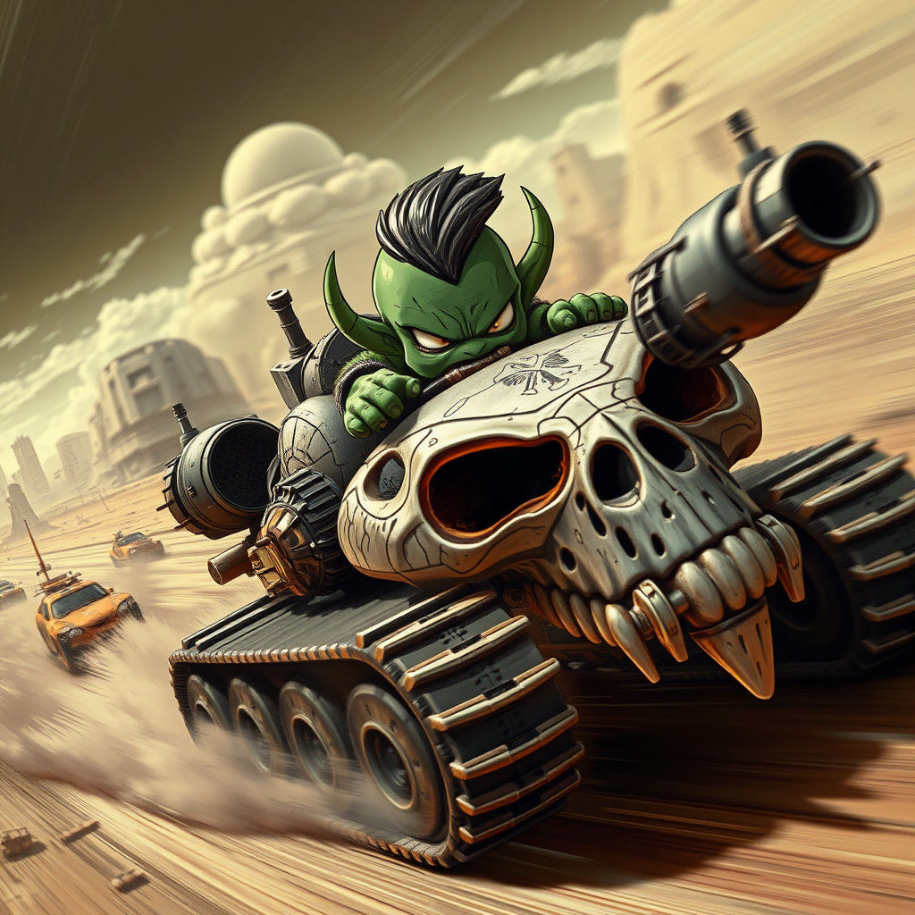 Chibi Ogre Races Skull Tank in Apocalyptic Wasteland