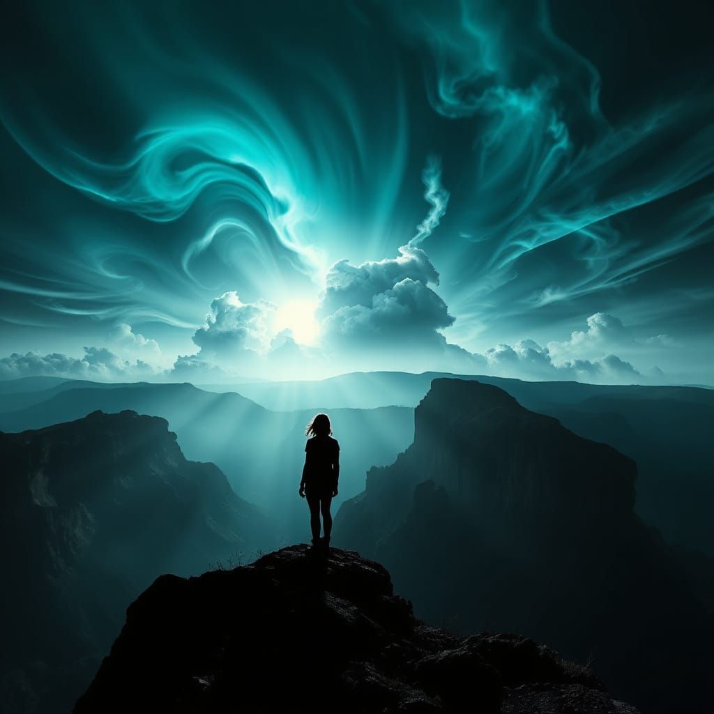 Mysterious Woman in Bioluminescent Canyon