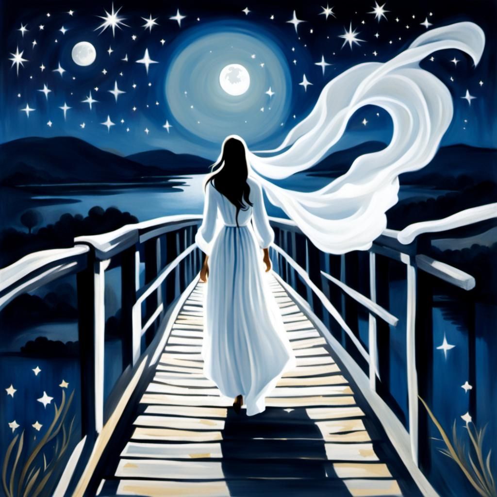 Girl in Elegant White Dress Walks Alone under the Night Sky