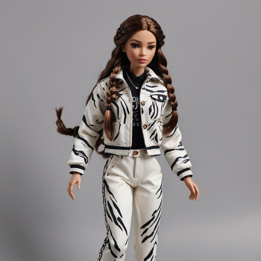 Woman doll with long brown braided hair with bangs with a st...