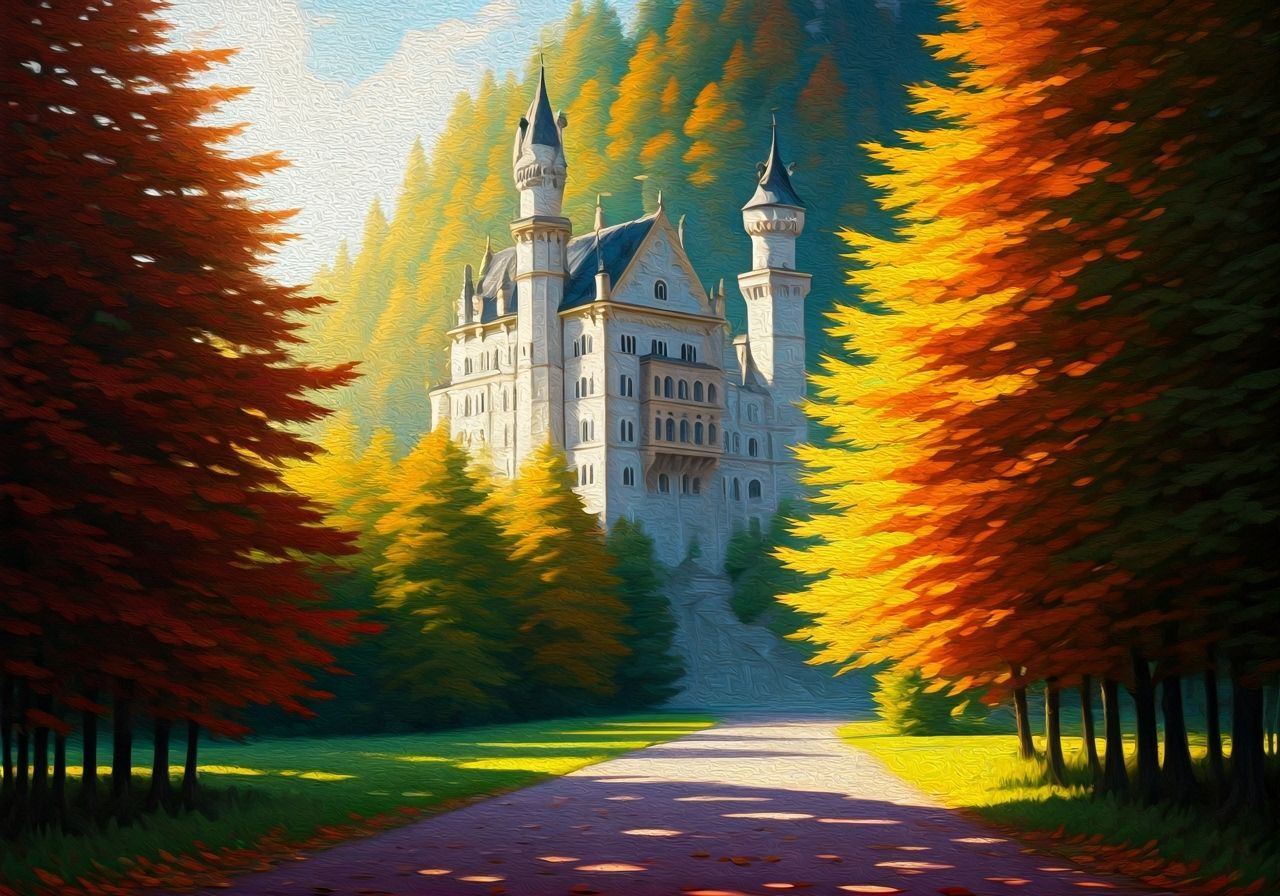 Neuschwanstein Castle in Autumn Oil Painting