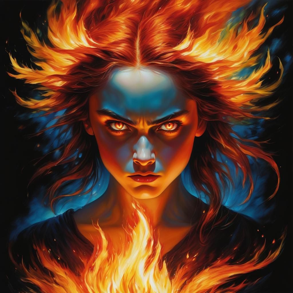 Explosive Fire Fairy Portrait in Watercolor Style