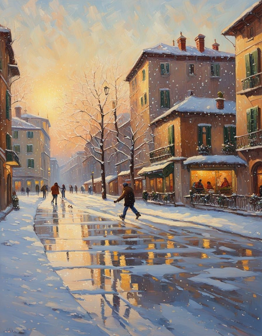 Italian Winter Cityscape in Impressionist Style