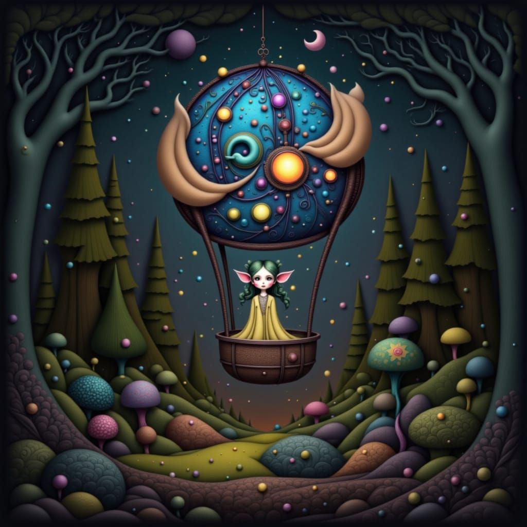 Fae in Hot Air Balloon Amidst Ethereal Forest