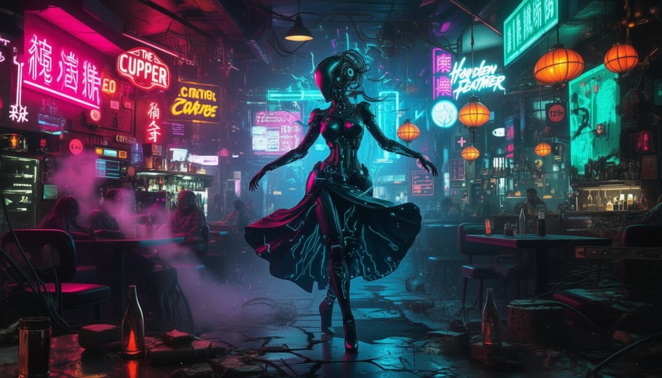 Cybernetic Woman Dancing in Neon Cafe