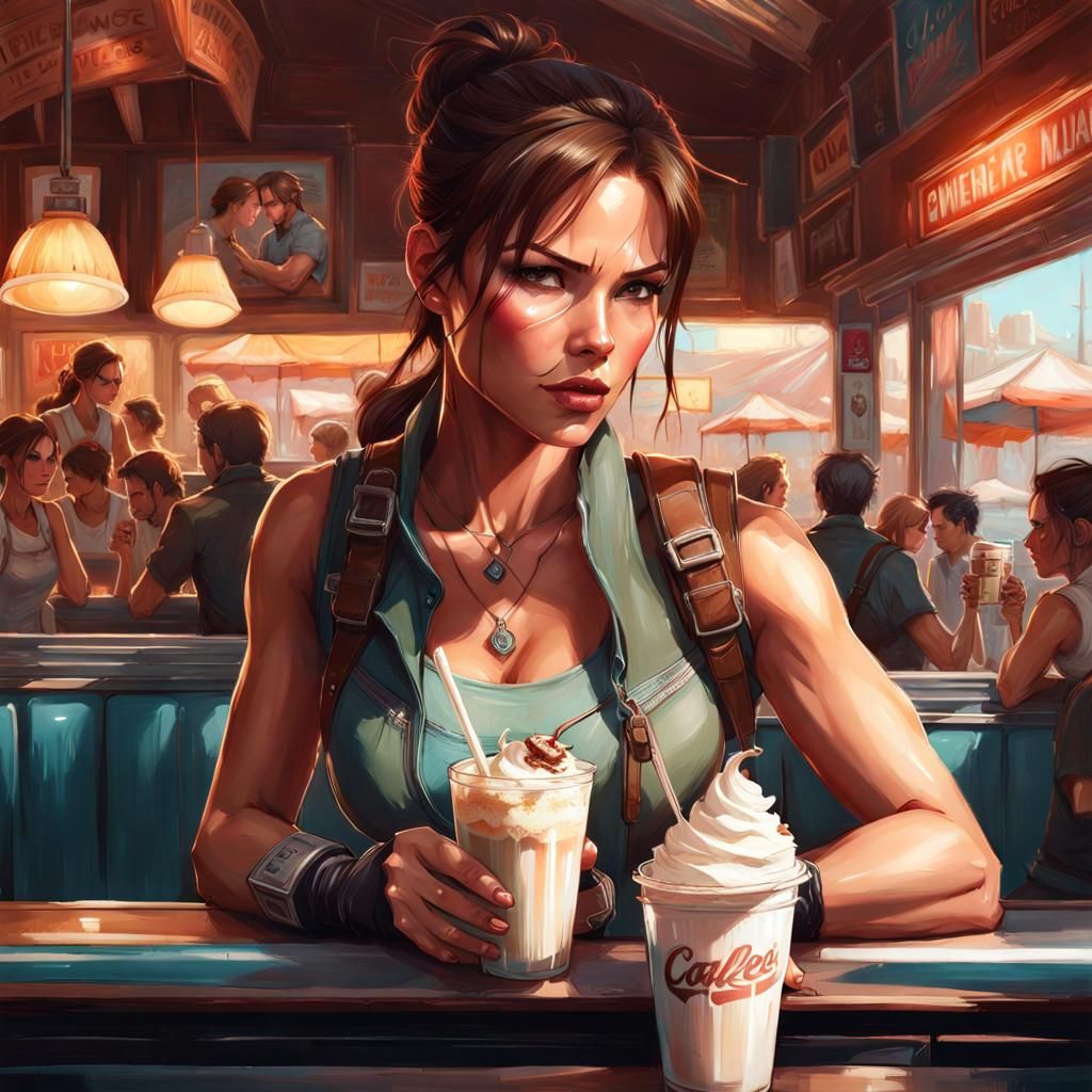 Lara Croft Portrait in Diner, Detailed Concept Art