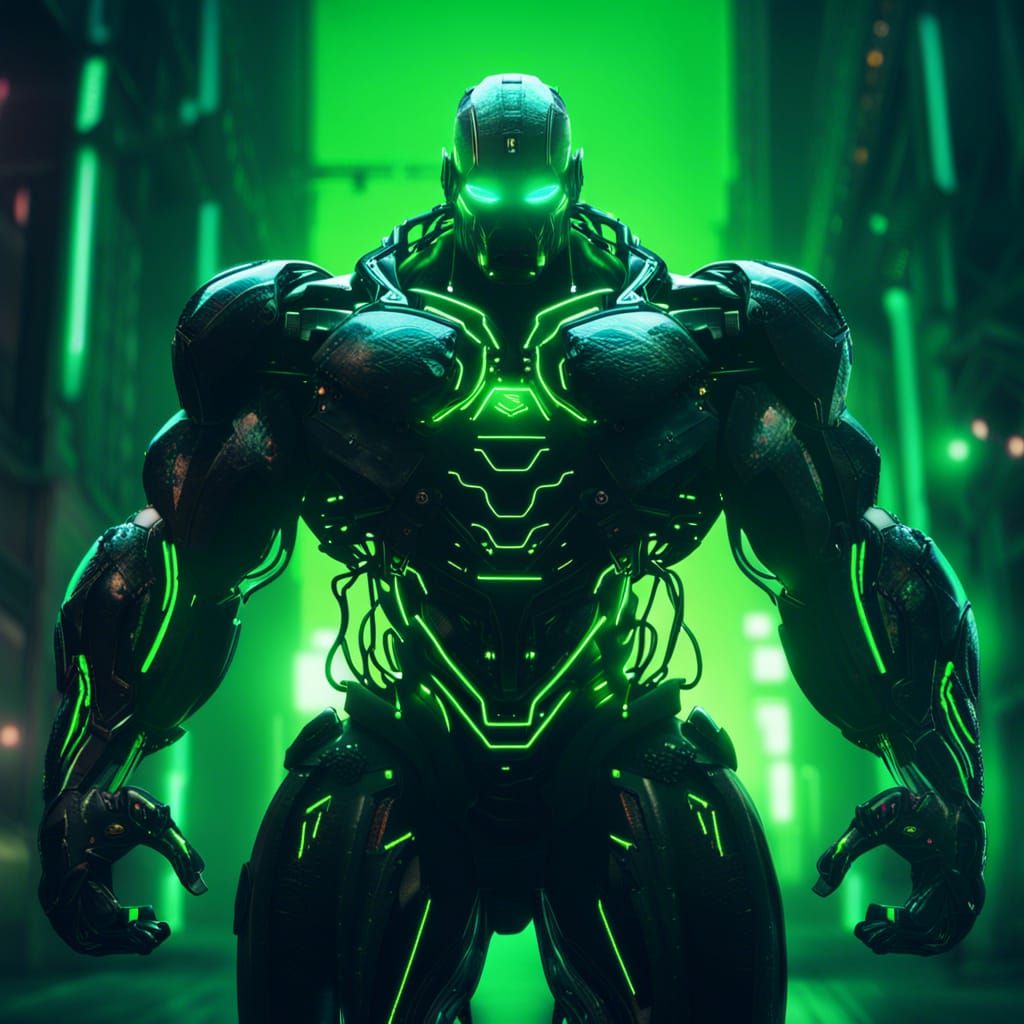 Hypermuscular Robot Bodybuilder in Neon Green Illumination