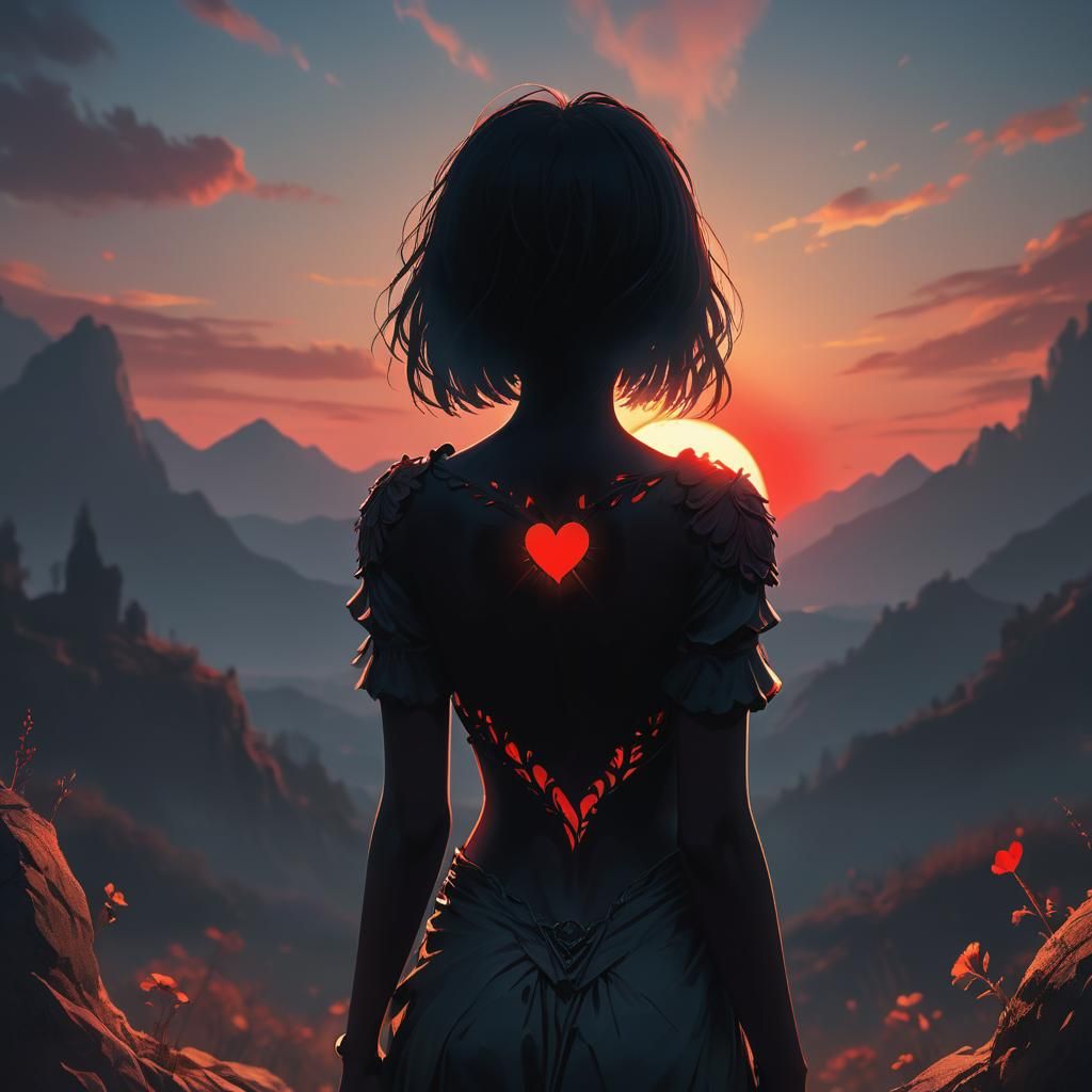 Silhouette with Glowing Heart in Sunset, Digital Art