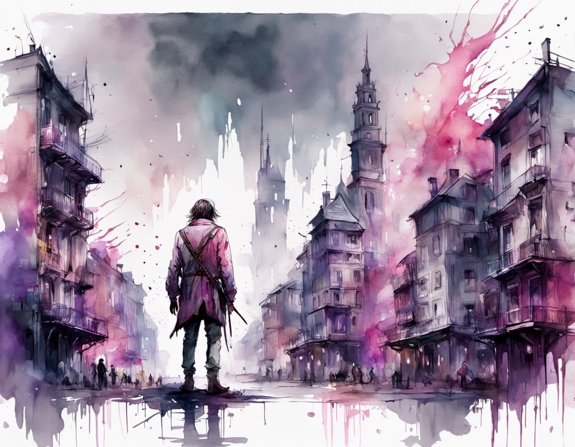 Gulliver Among Tiny People in Ethereal Watercolour Style