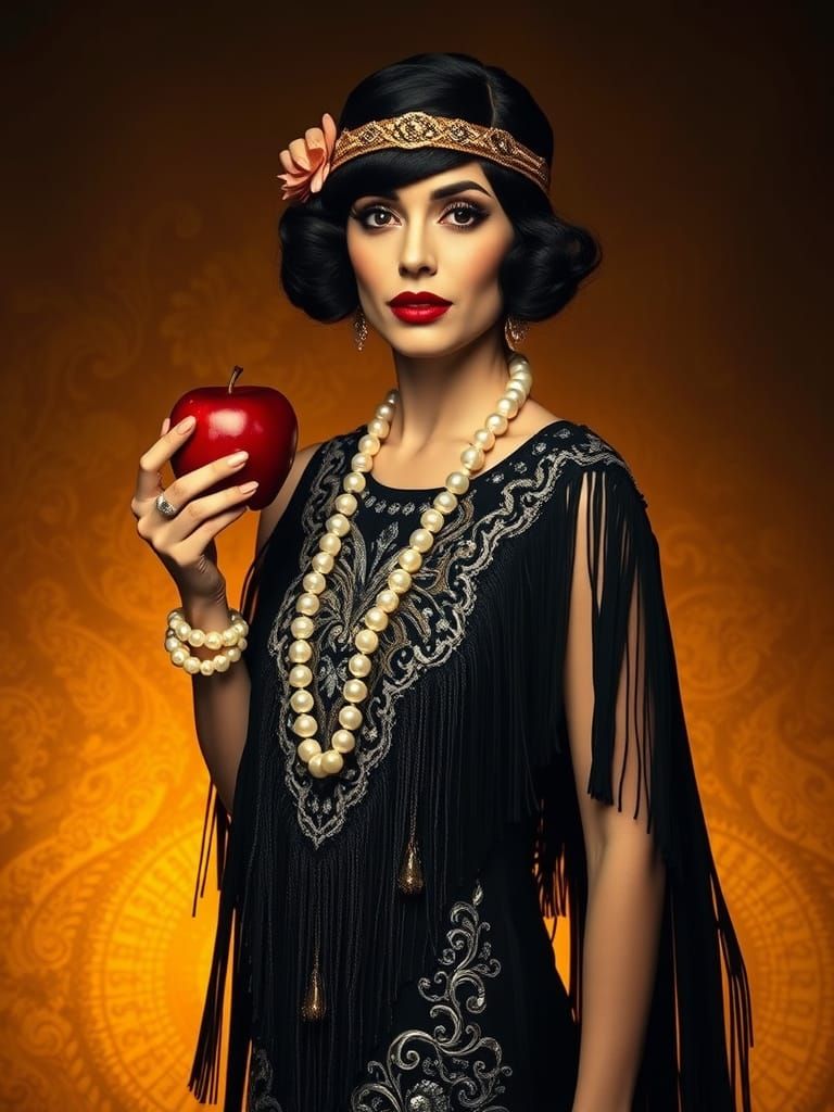 Glamorous Woman in 1920s Flapper Style with Red Apple
