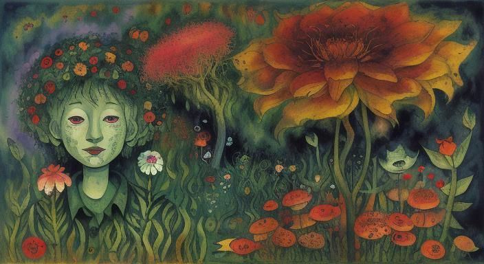 Surreal Swamp Flowers in Woodcut Style