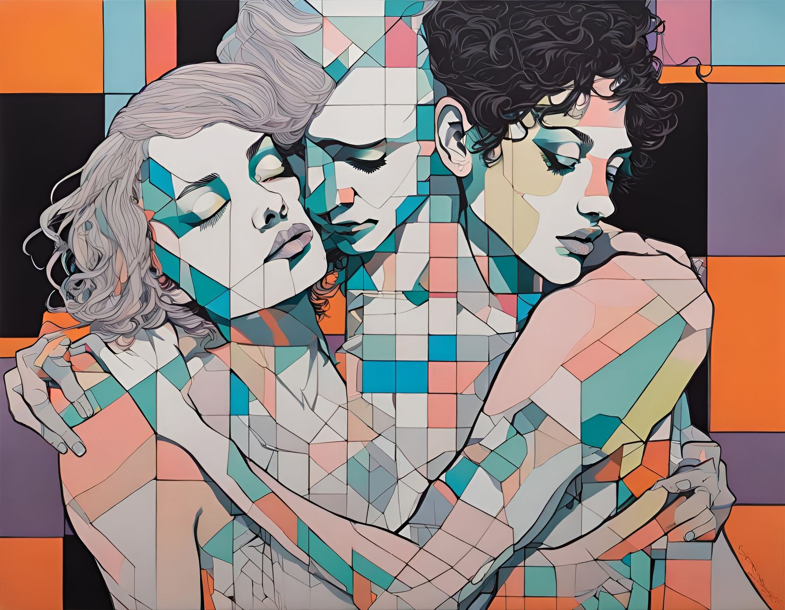 Androgynous Figures Embracing in Acrylic with 3D Cubes