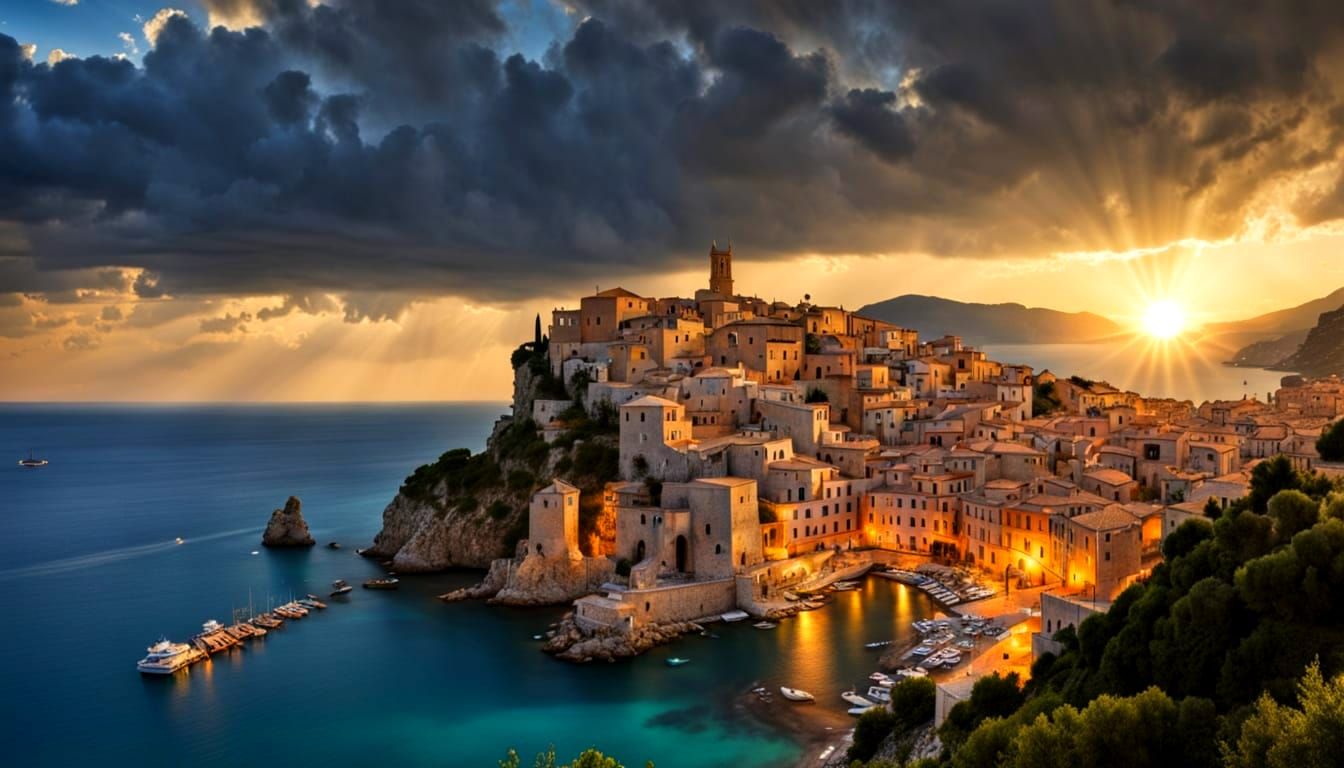 Mediterranean Town Bathed in Crepuscular Light
