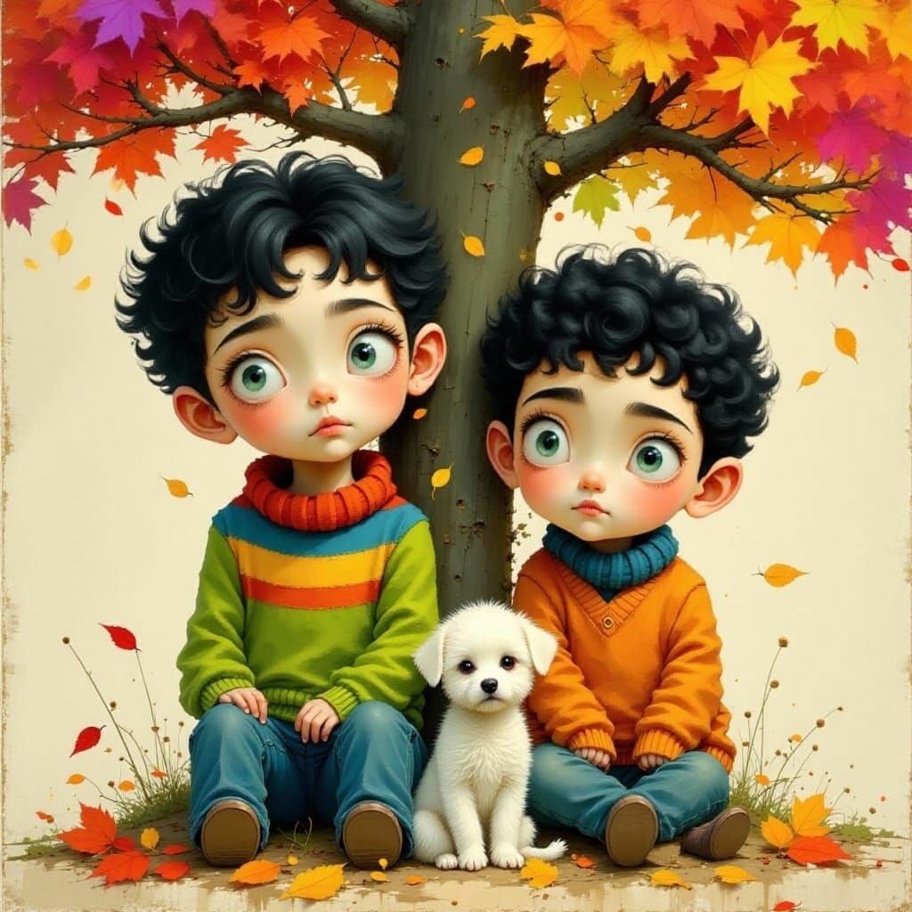 Boy Amongst Vivid Autumn Leaves in Falling Snow