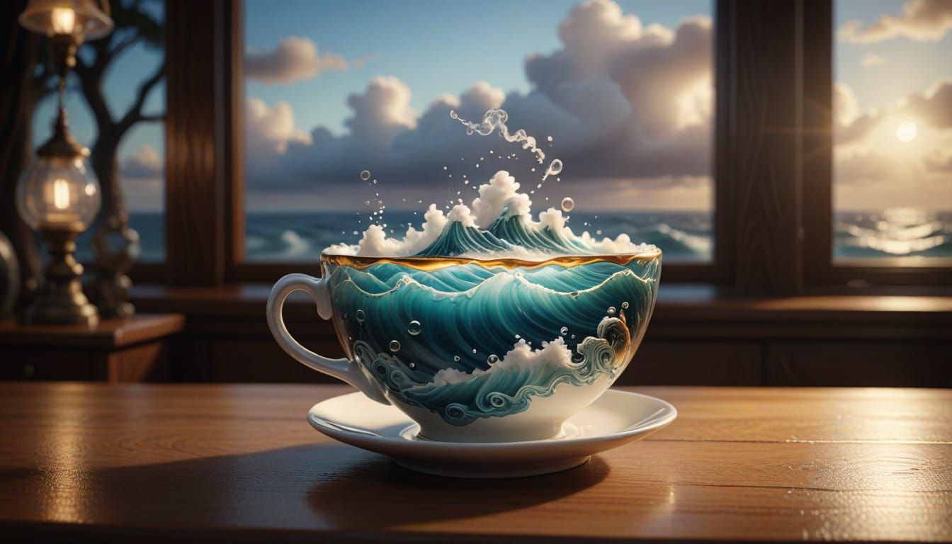 Surreal Teacup Ocean Scene with Tiny Ship