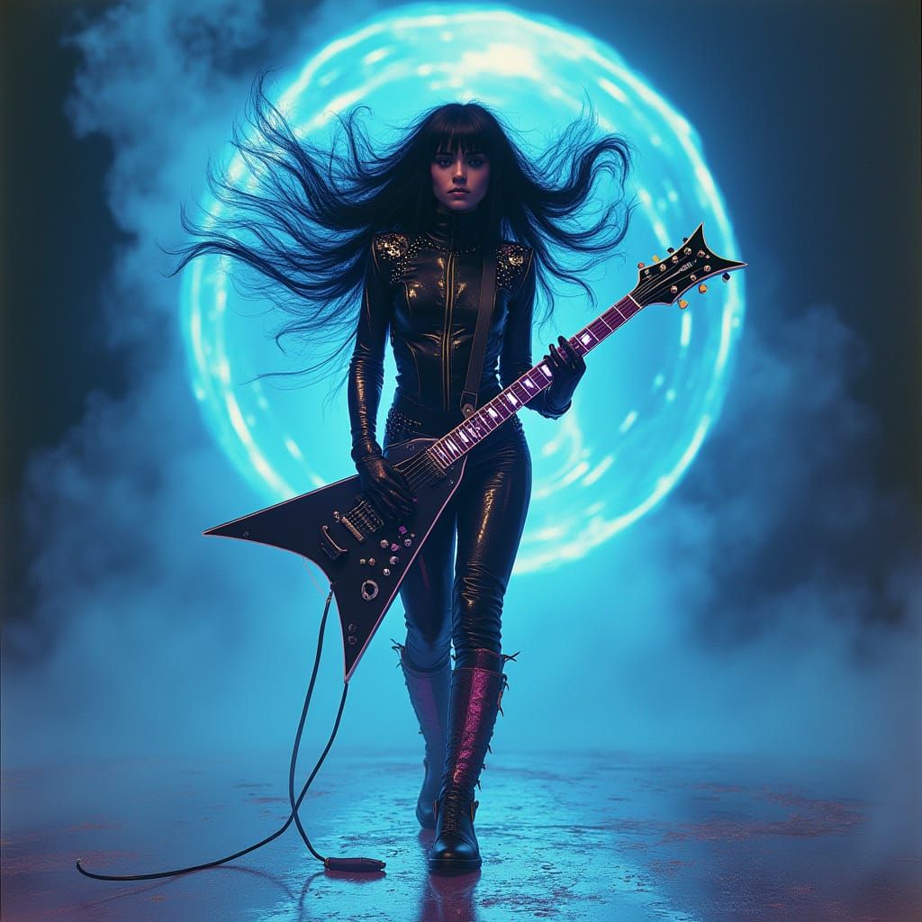 Surrealist Rock Goddess in Neon-Lit Dreamscape