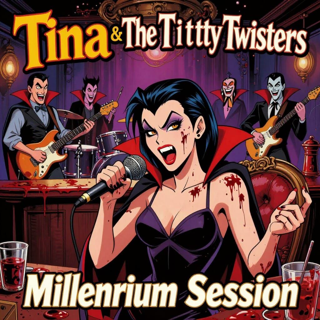 Tina & The Titty Twisters LP Cover in 90s Comic Style