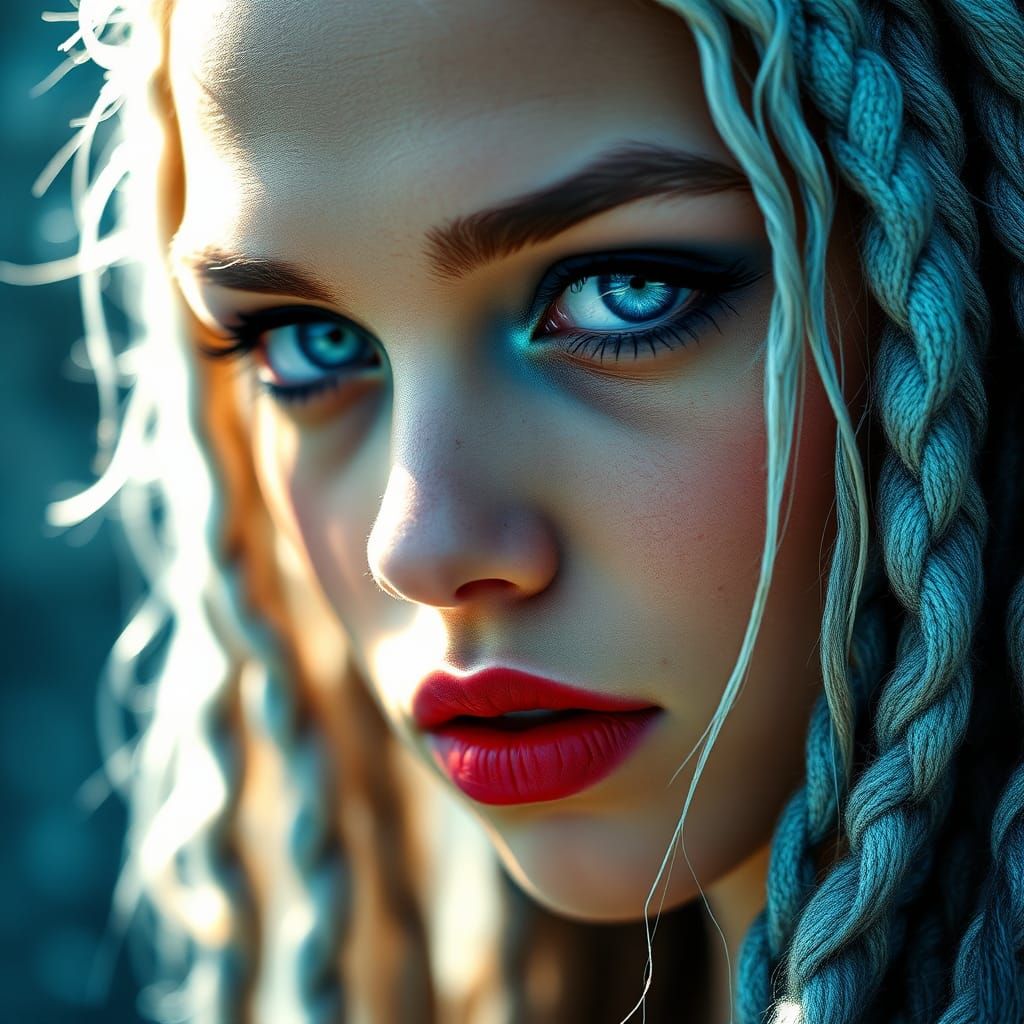 Ethereal Portrait with Blue Dreadlocks as Watercolor Art