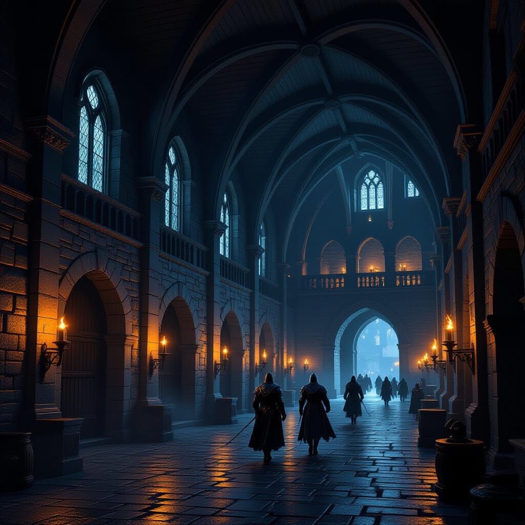 Medieval Castle Halls at Night Illuminated by Torches